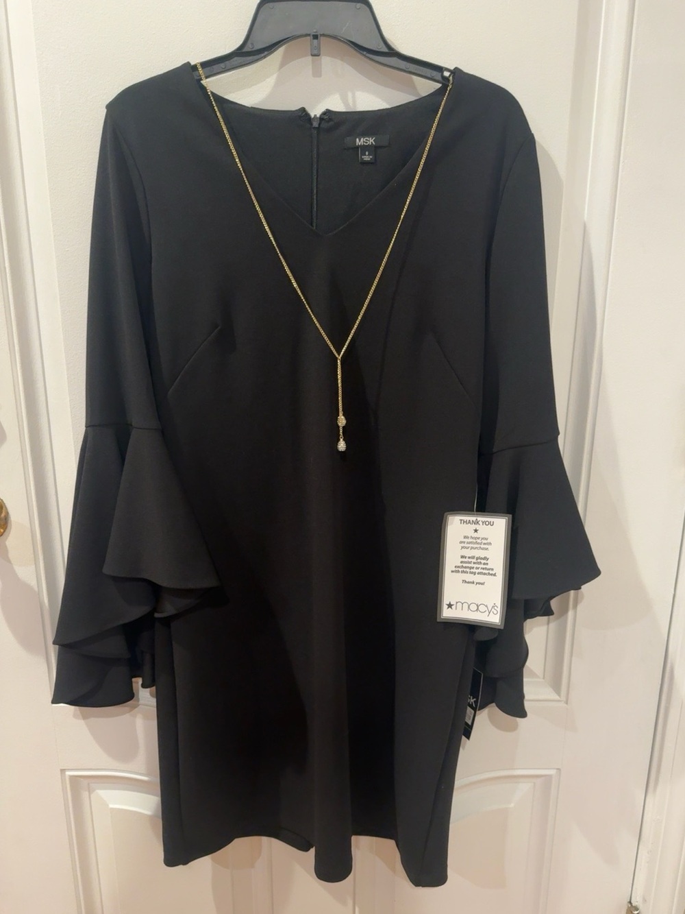 MSK Black Bell Sleeve Shift Dress Size 8 NWT Gold Chain V Neck Cocktail